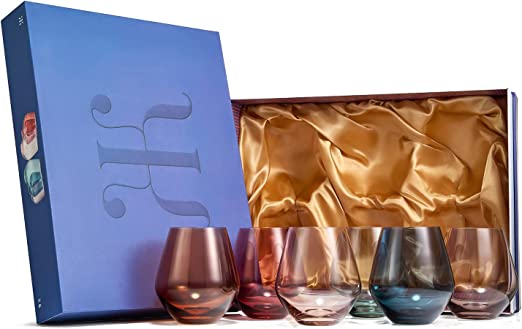 Colored Stemless Crystal Wine Glass Set of 6 - Large 16 oz (Pastel)-4