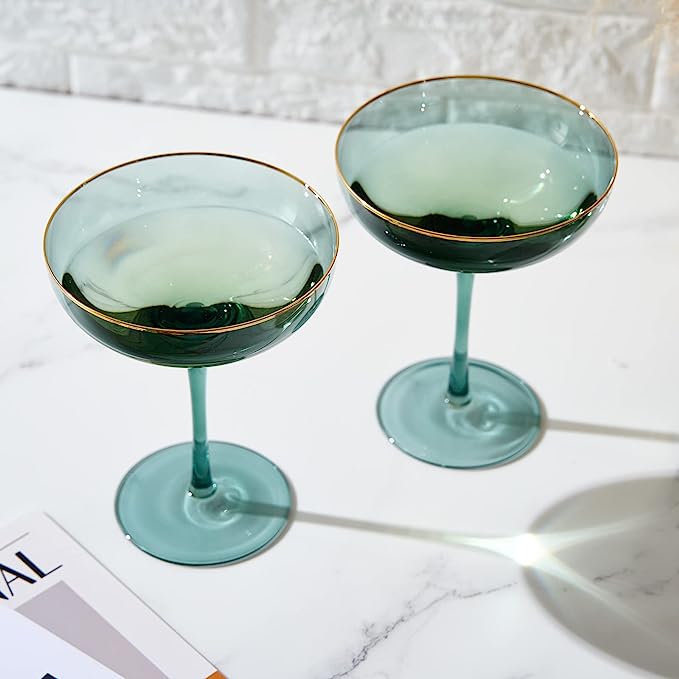 Colored Green & Gilded Rim Wine Glassware, Large 9oz (Coupe)-2