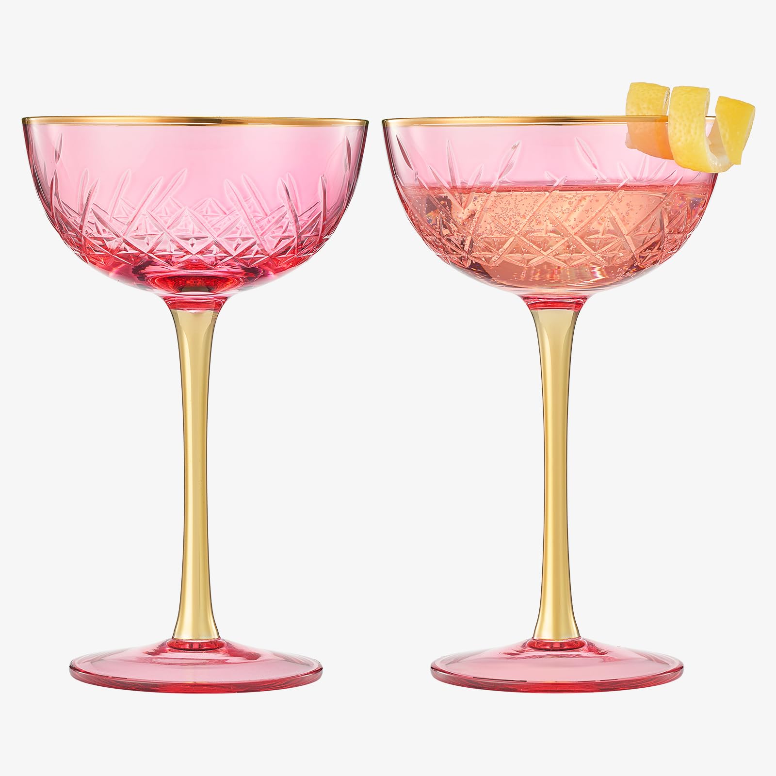 Vintage Art Deco Coupe for Champagne, Martini, Cocktails| Set of 2 | 7 oz (Pink)-0