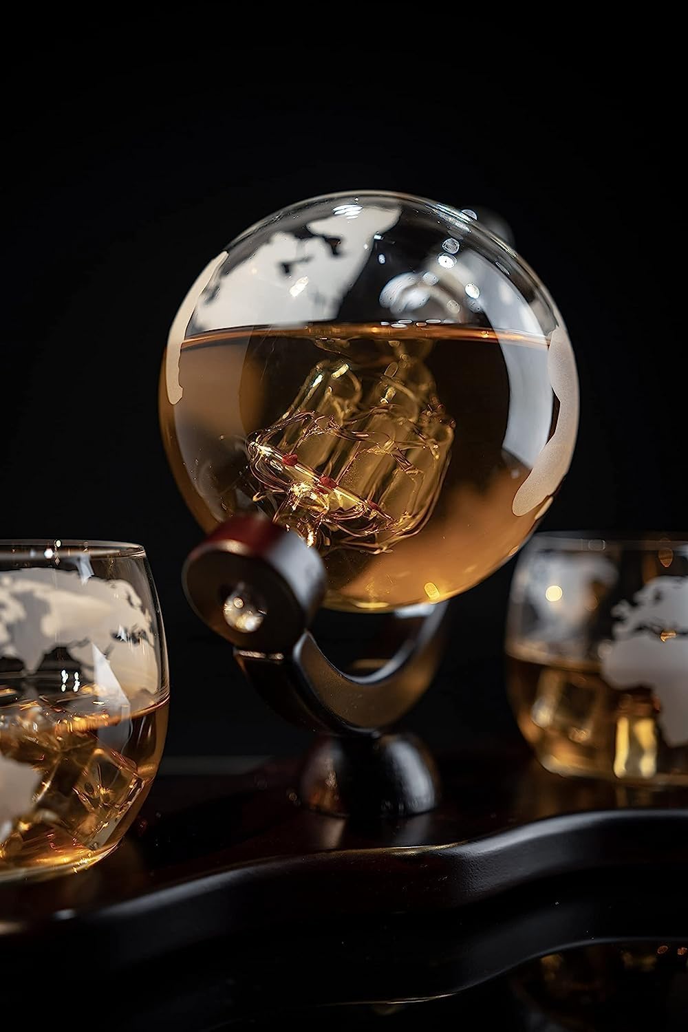 Whiskey Decanter Globe Set with 2 Etched Whiskey Glasses - 850ml-1