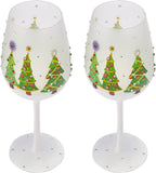 Set of 2 Stemmed Christmas Tree Design Wine Glasses - 14 oz-2