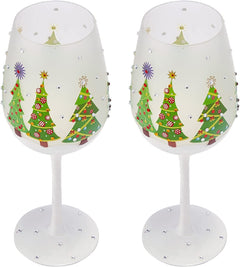 Set of 2 Stemmed Christmas Tree Design Wine Glasses - 14 oz-2