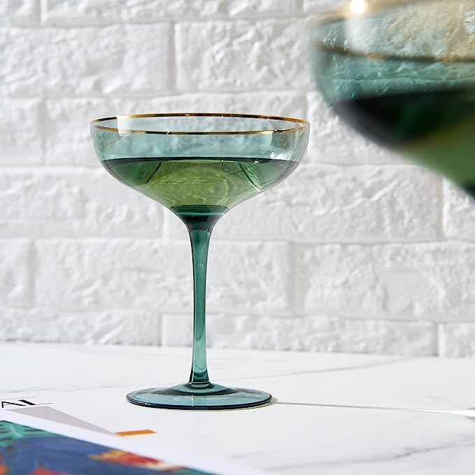 Colored Green & Gilded Rim Wine Glassware, Large 9oz (Coupe)-3