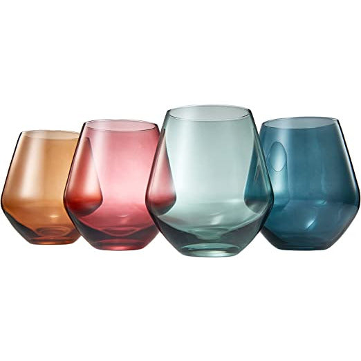Colored Stemless Crystal Wine Glass Set of 4 - Large 16 oz (Pastel)-4