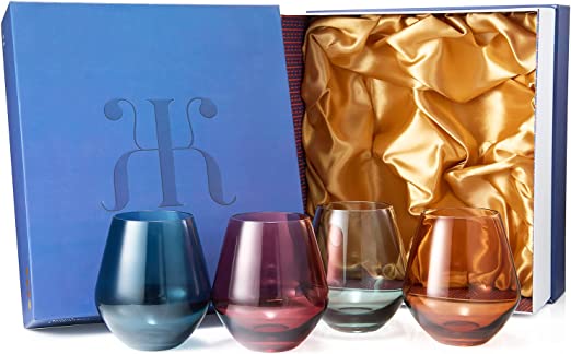 Colored Stemless Crystal Wine Glass Set of 4 - Large 16 oz (Pastel)-3
