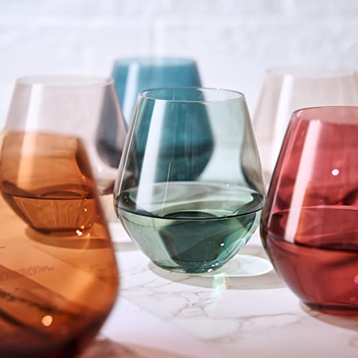 Colored Stemless Crystal Wine Glass Set of 4 - Large 16 oz (Pastel)-2