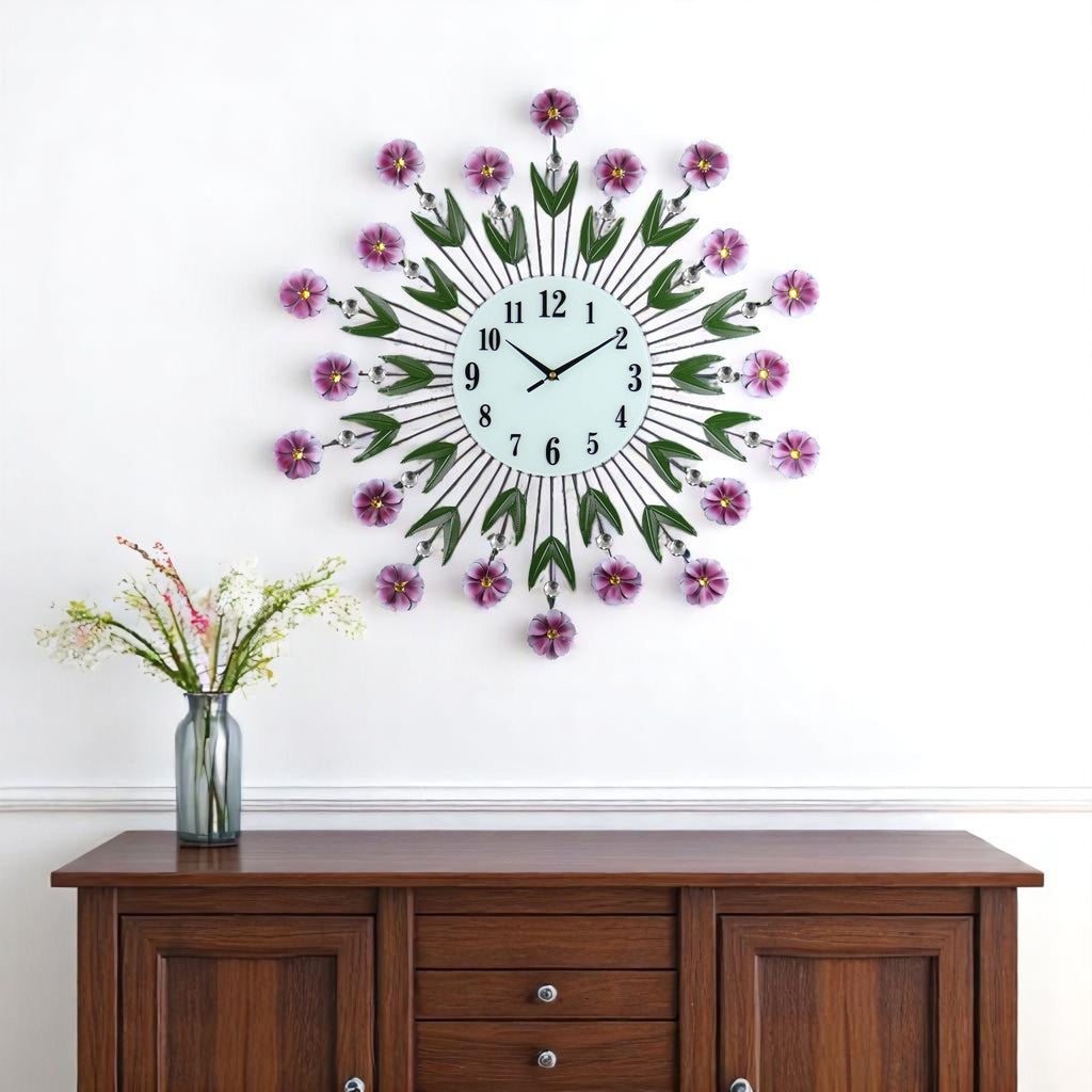 27" Purple Green And White Metal and Glass Silent Analog Floral Round Wall Clock-0