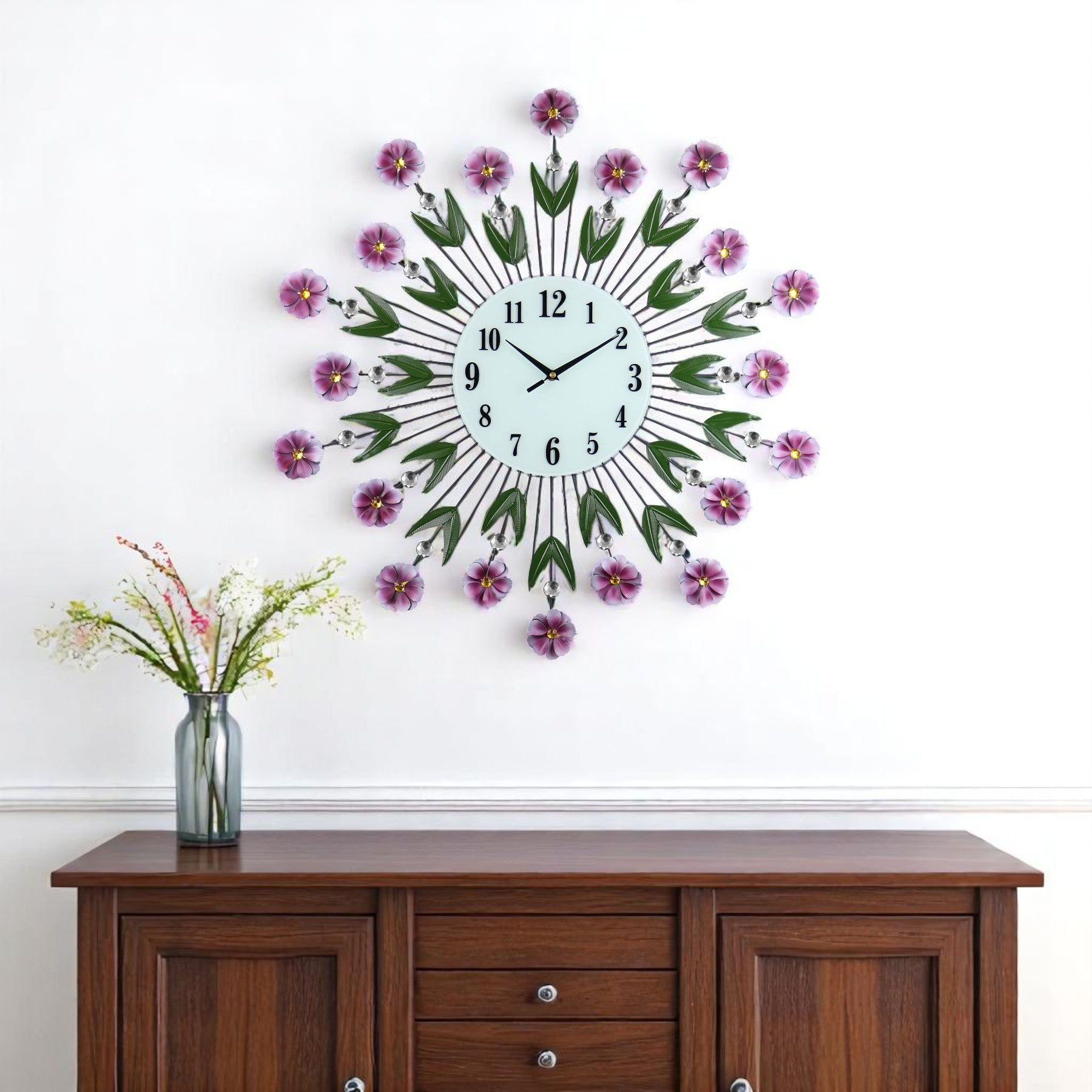 27" Purple Green And White Metal and Glass Silent Analog Floral Round Wall Clock-0