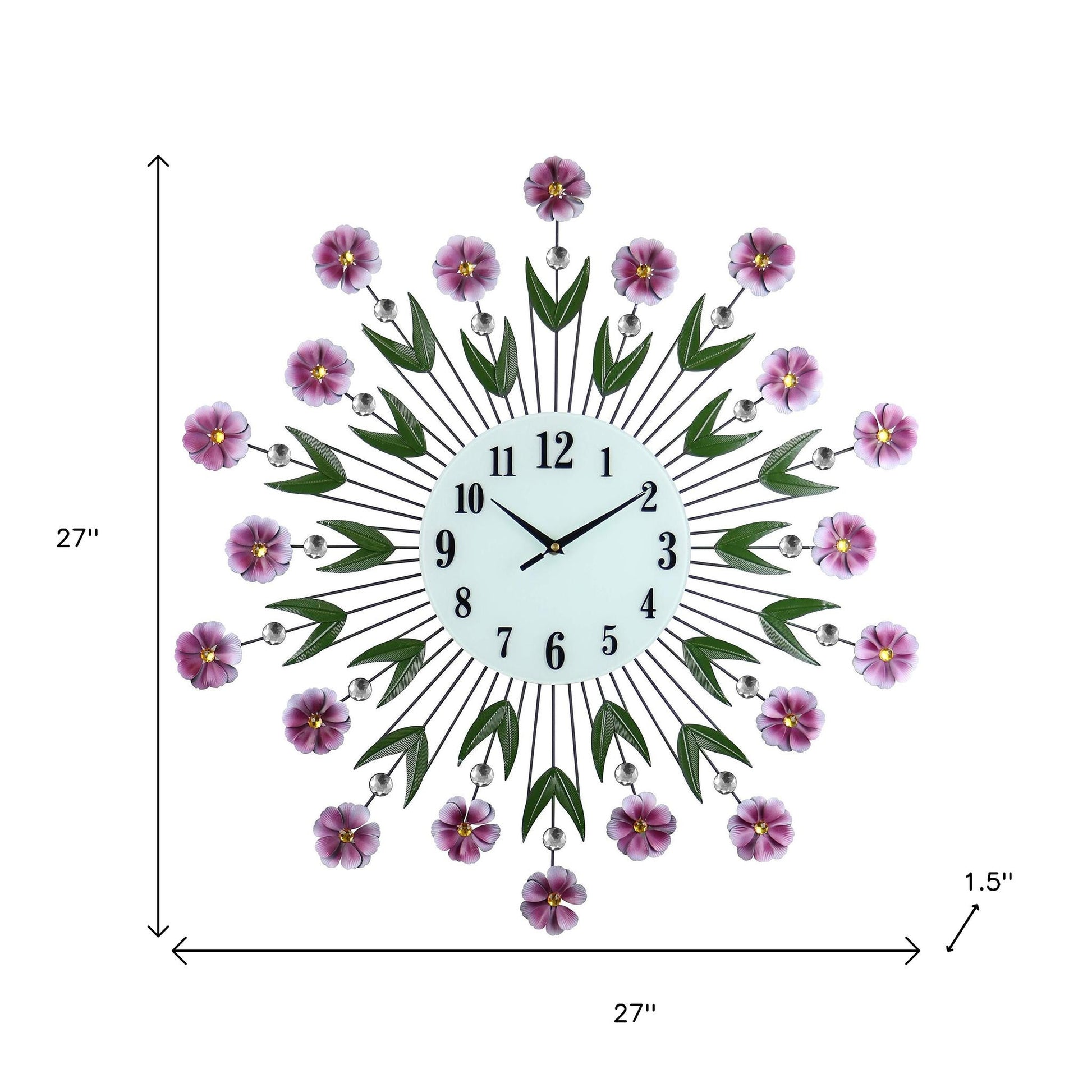 27" Purple Green And White Metal and Glass Silent Analog Floral Round Wall Clock-5