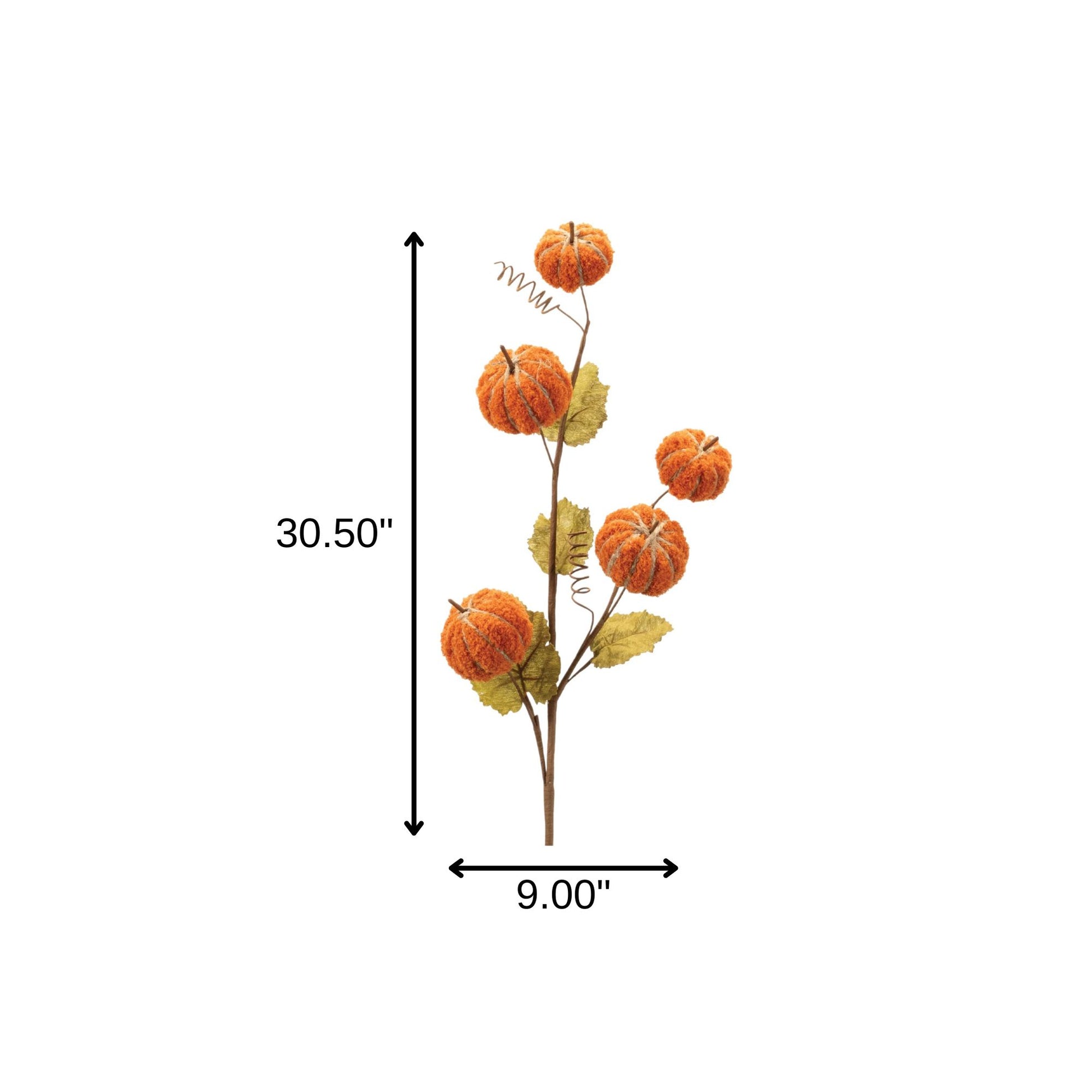 Decorative stem with pumpkins and leaves, shown with dimensions on a white background