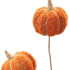 Two orange pumpkins with textured surface and twine accents on a white background