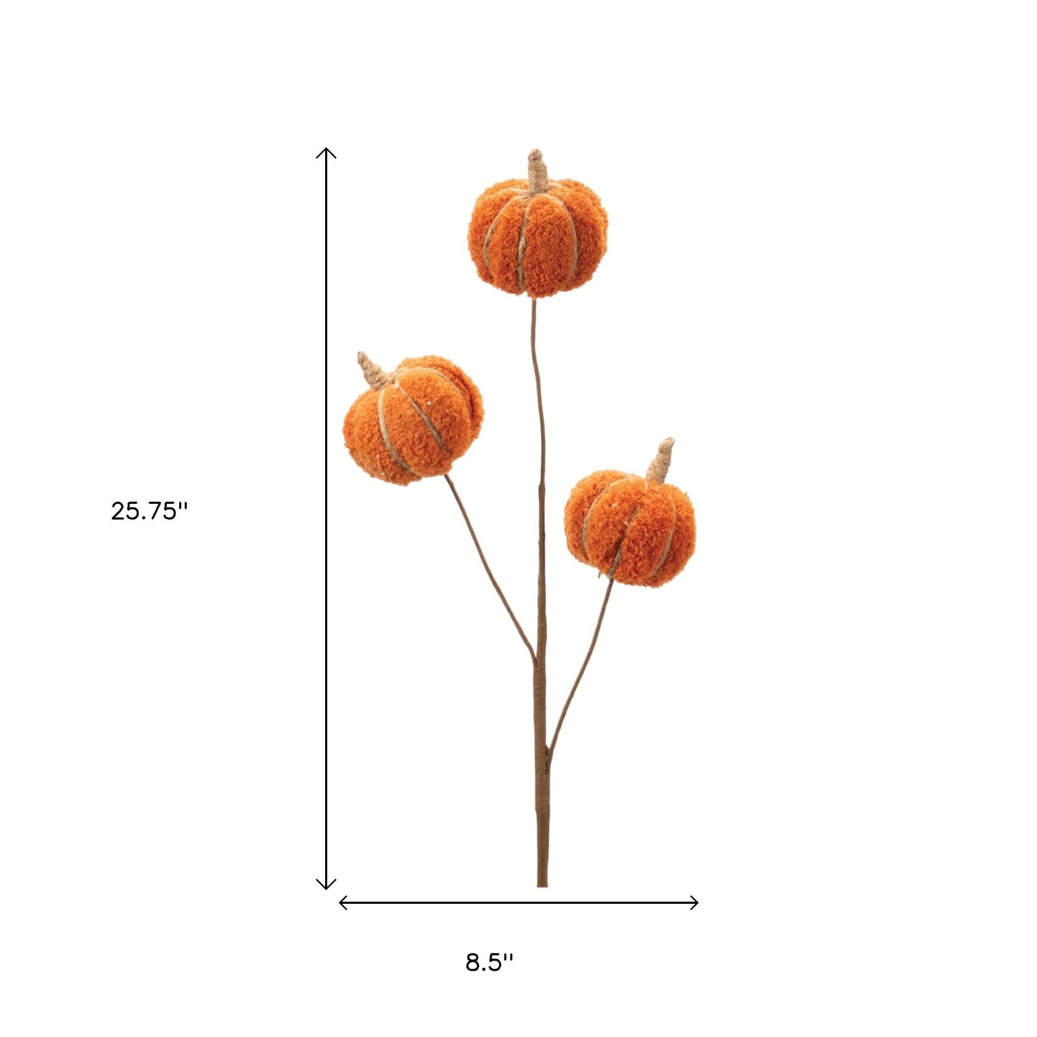 Decorative pumpkin stem with three pumpkins, shown with measurements on a white background.