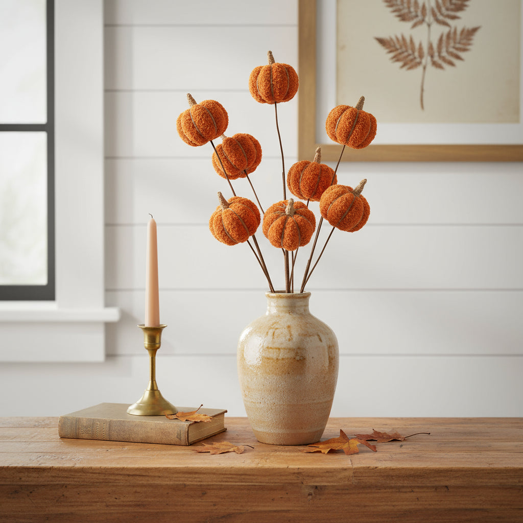 Decorative arrangement of pumpkins in a vase on a wooden surface with a candle and book in the background.