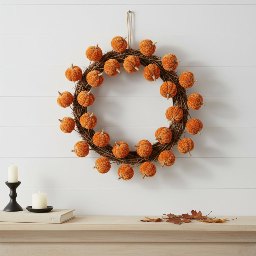 Wreath with small pumpkins on a white wall