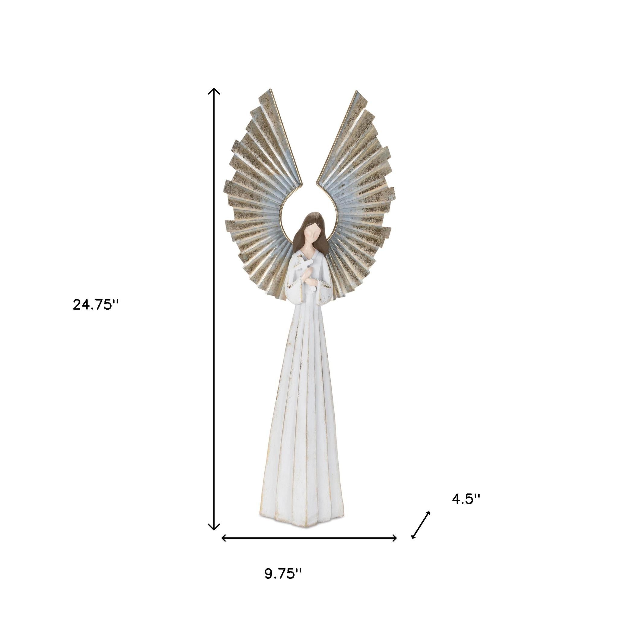 Decorative angel statue with measurements on a white background