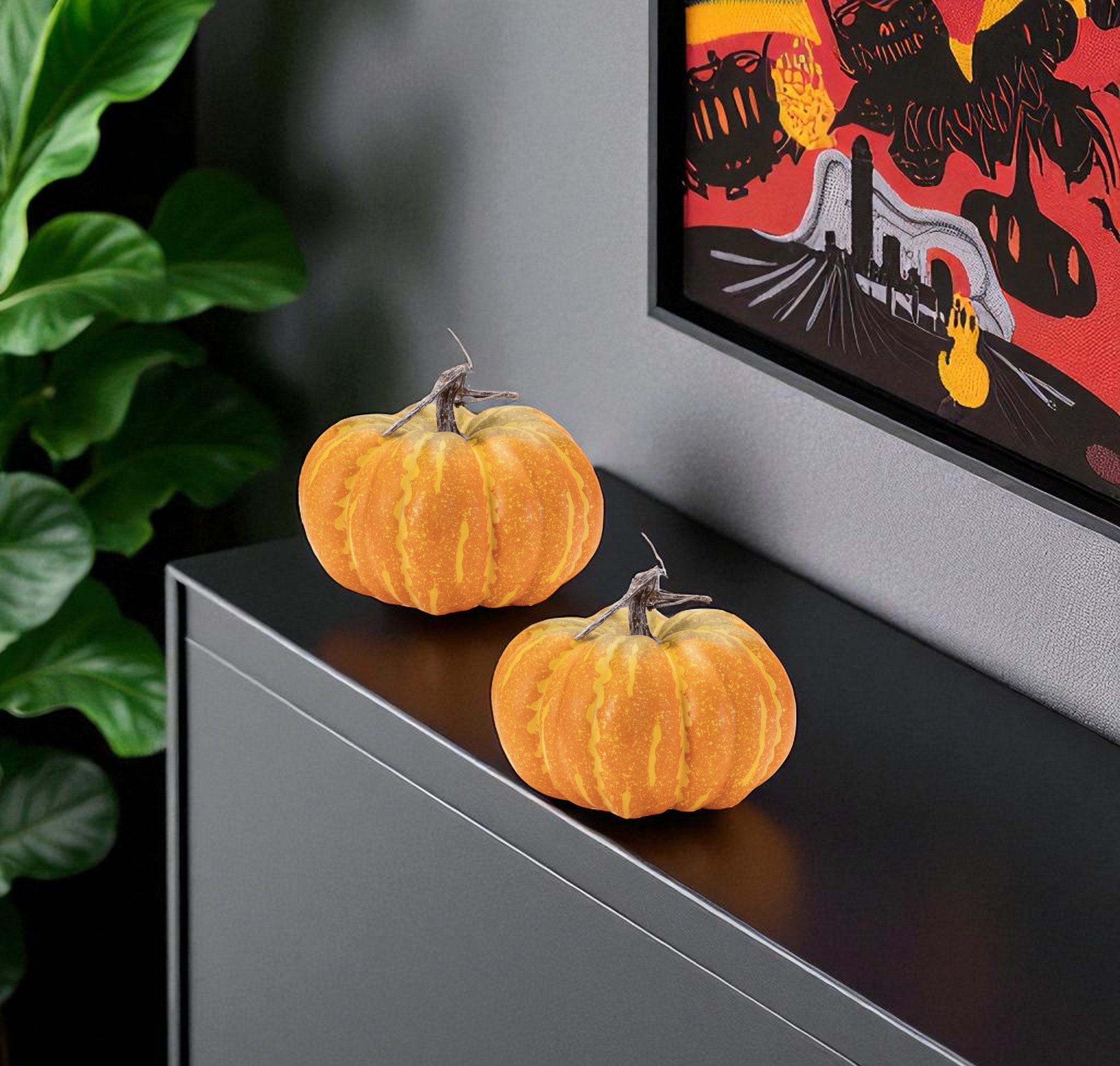 Set of Two Orange And Yellow Plastic Pumpkin Thanksgiving Pumpkin Tabletop Sculpture-1