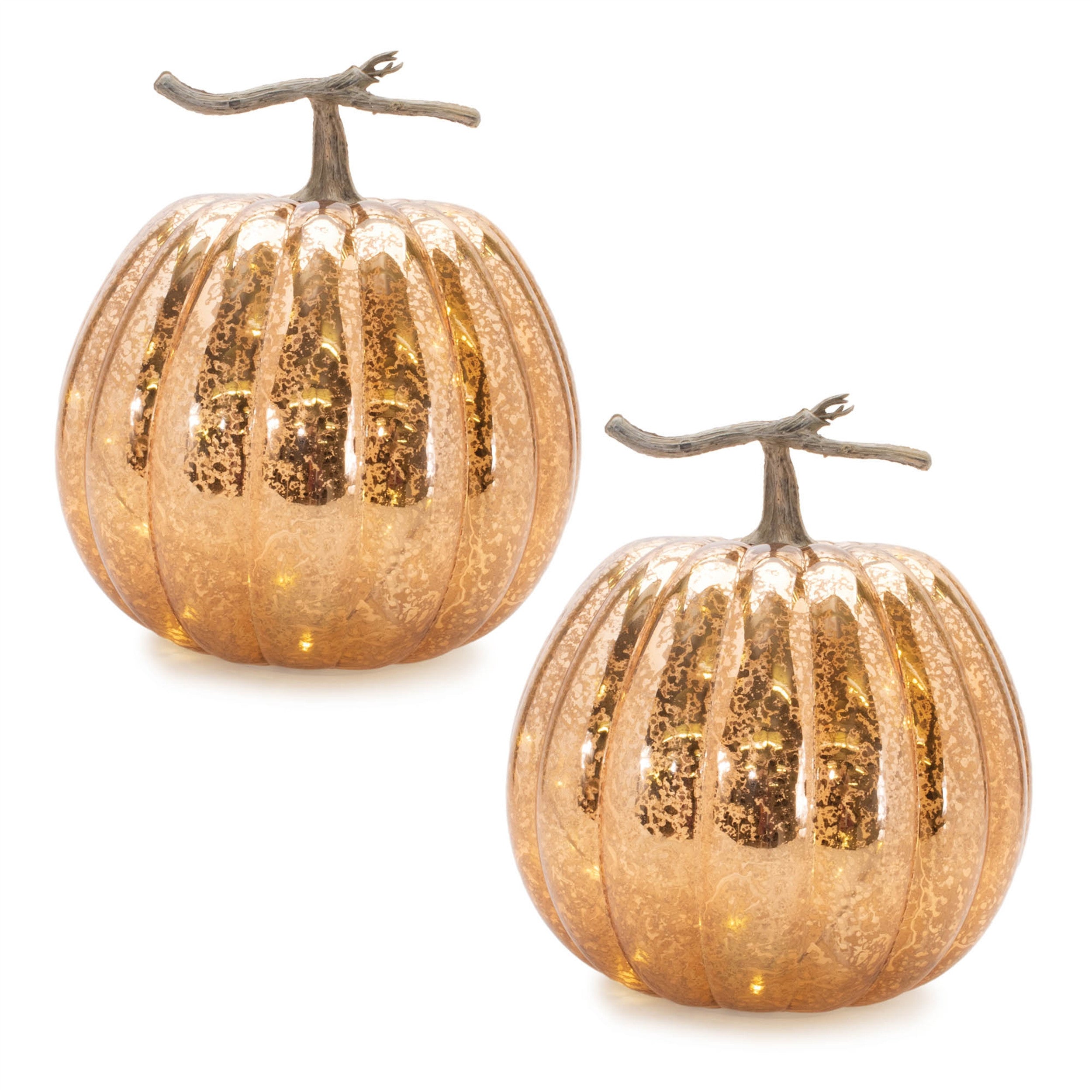 Set of Two Orange And Brown Glass Pumpkin Thanksgiving Pumpkin Tabletop Sculpture with LED-1