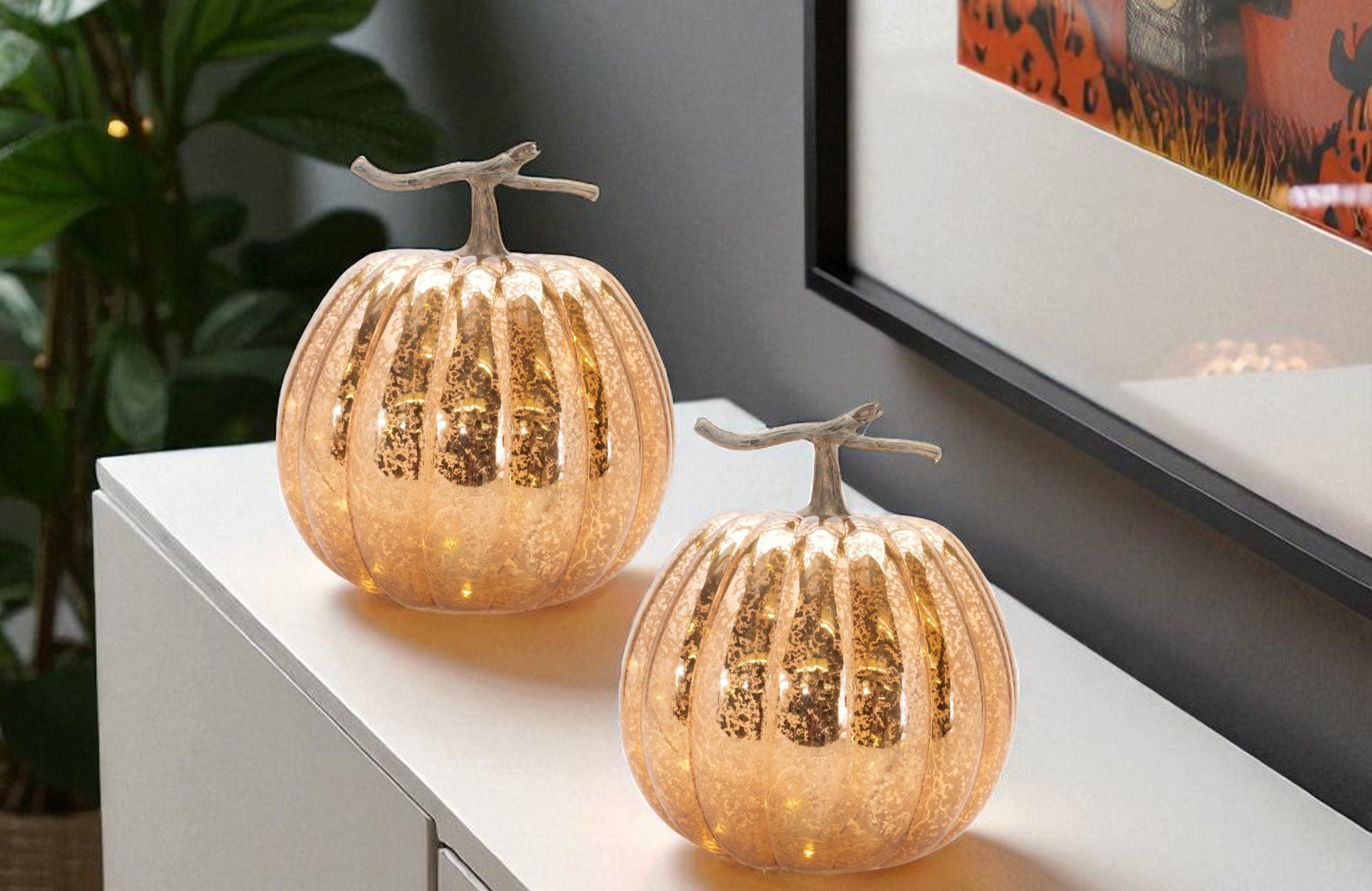 Set of Two Orange And Brown Glass Pumpkin Thanksgiving Pumpkin Tabletop Sculpture with LED-0
