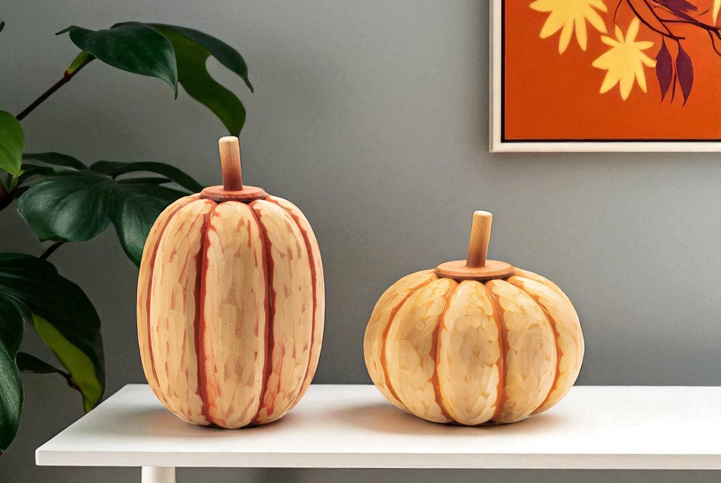 Set of Two Orange Wood Pumpkin Thanksgiving Pumpkin Tabletop Sculpture-0