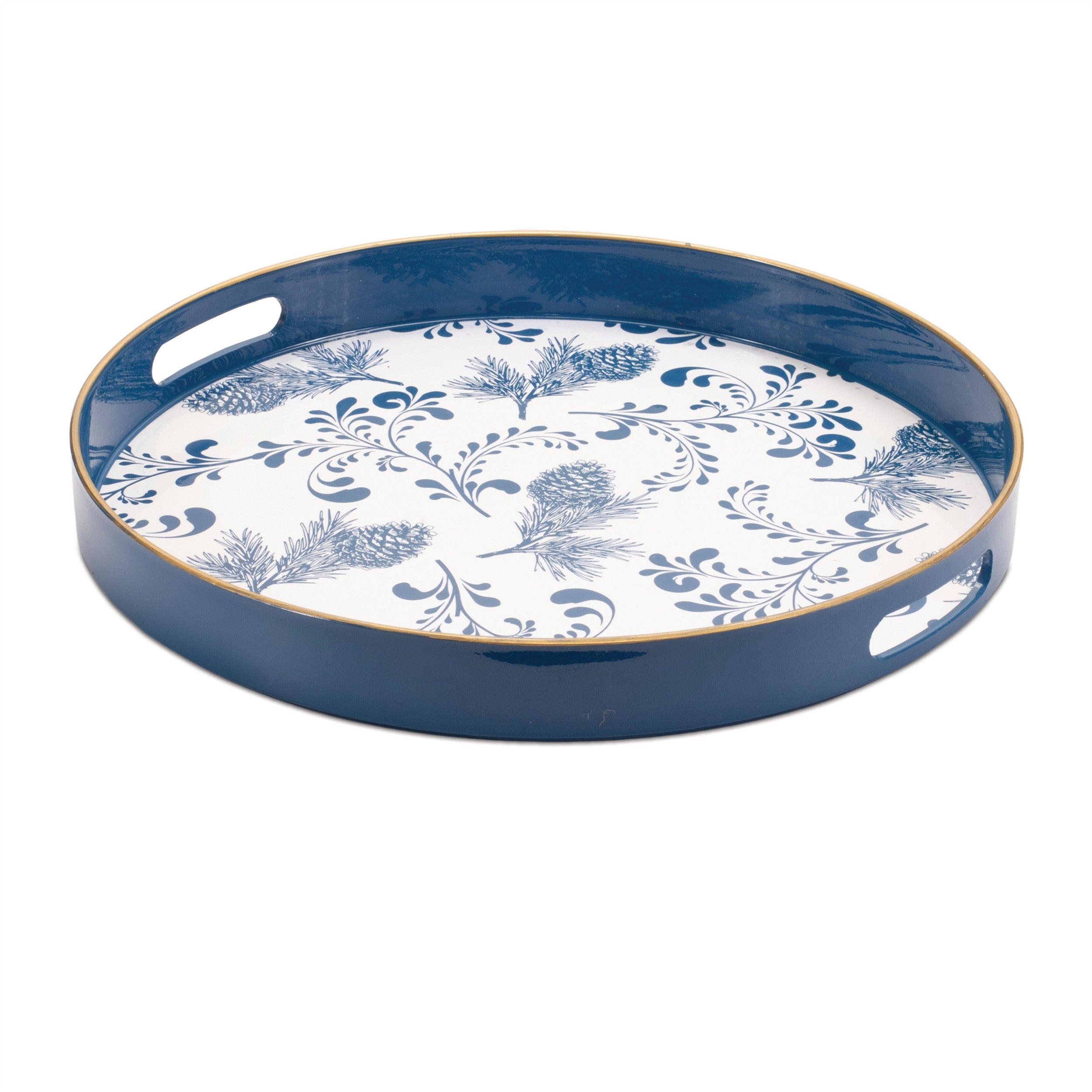 14" Blue White And Gold Pinecone Round Serving Tray-1