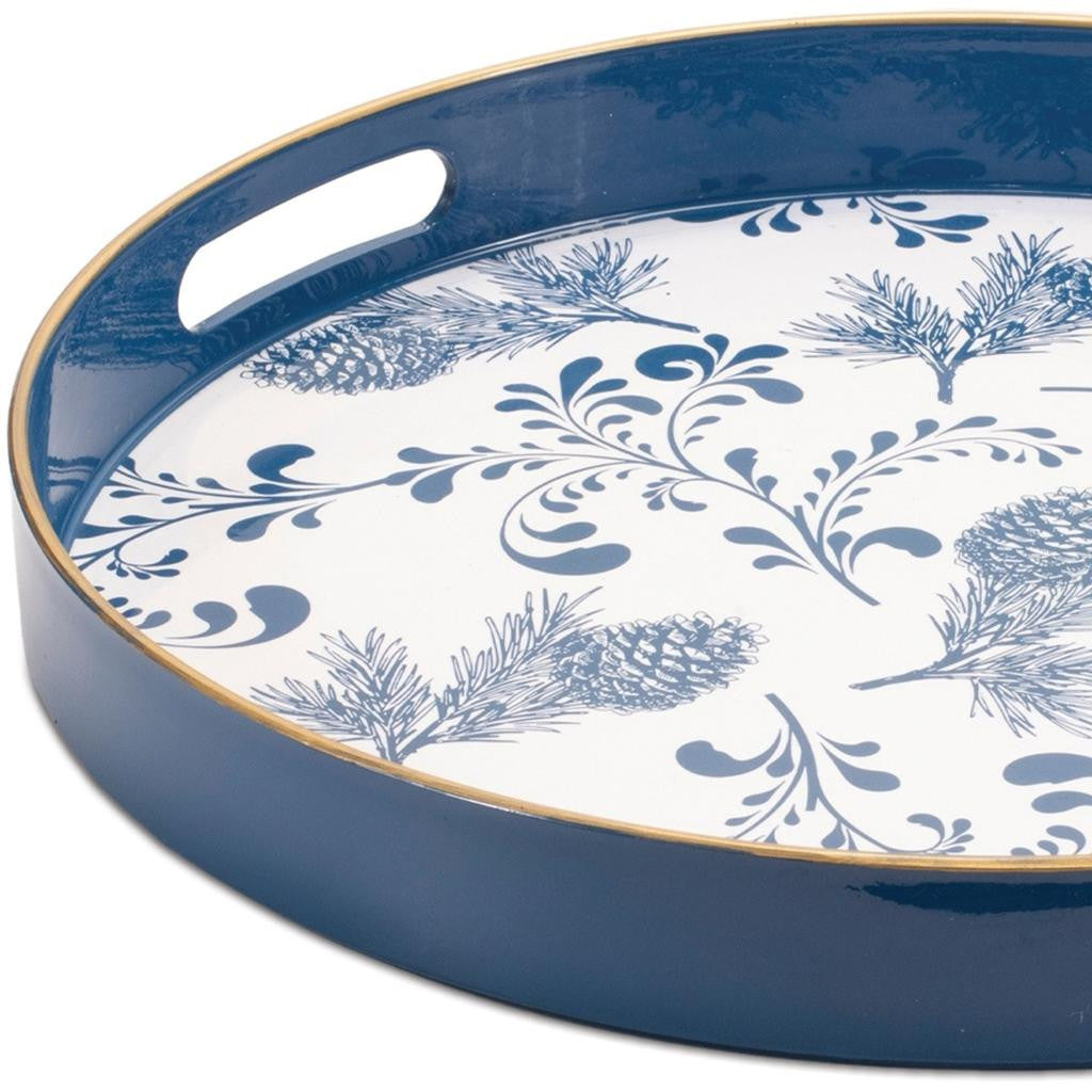 14" Blue White And Gold Pinecone Round Serving Tray-2