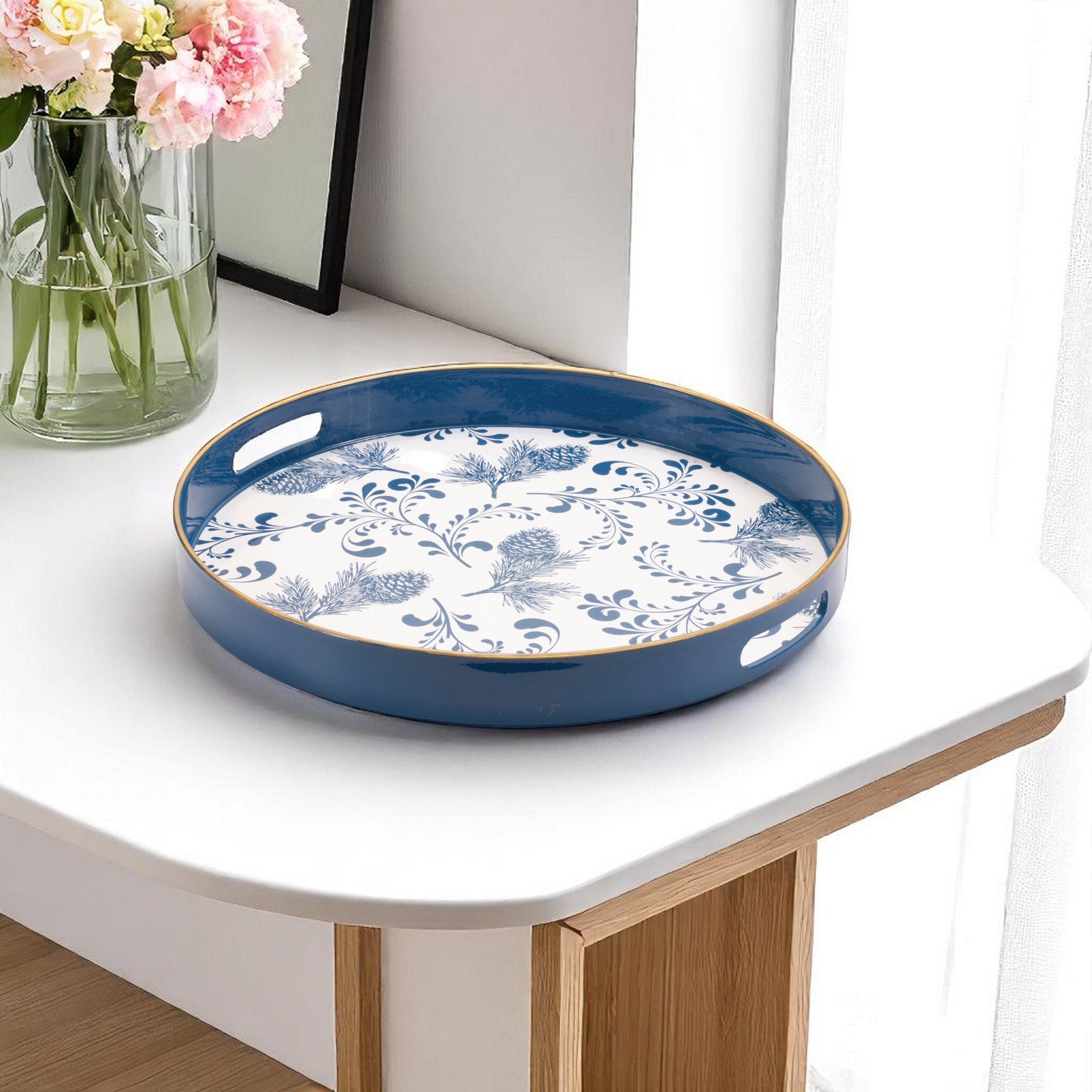 14" Blue White And Gold Pinecone Round Serving Tray-0