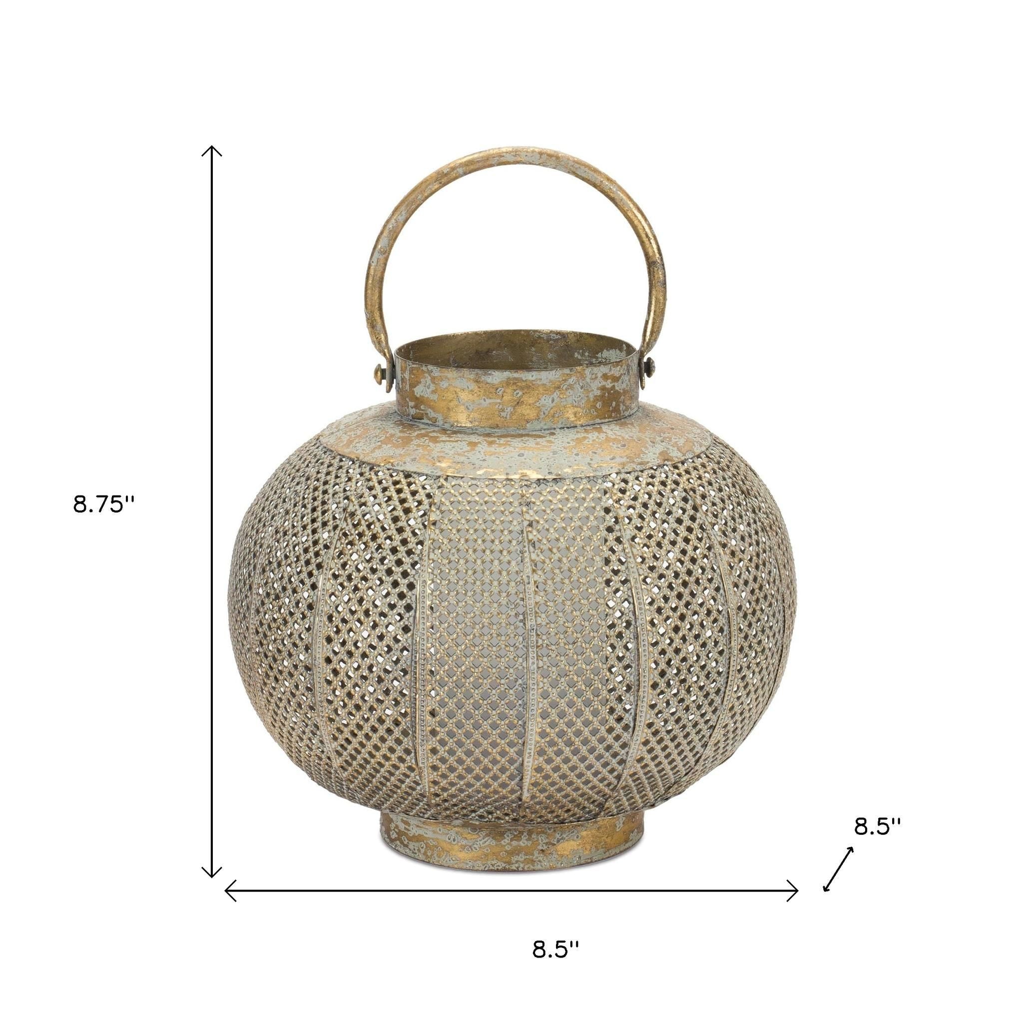 9" Bronze And Green Distressed Lattice Metal Tabletop Lantern Candle Holder-4