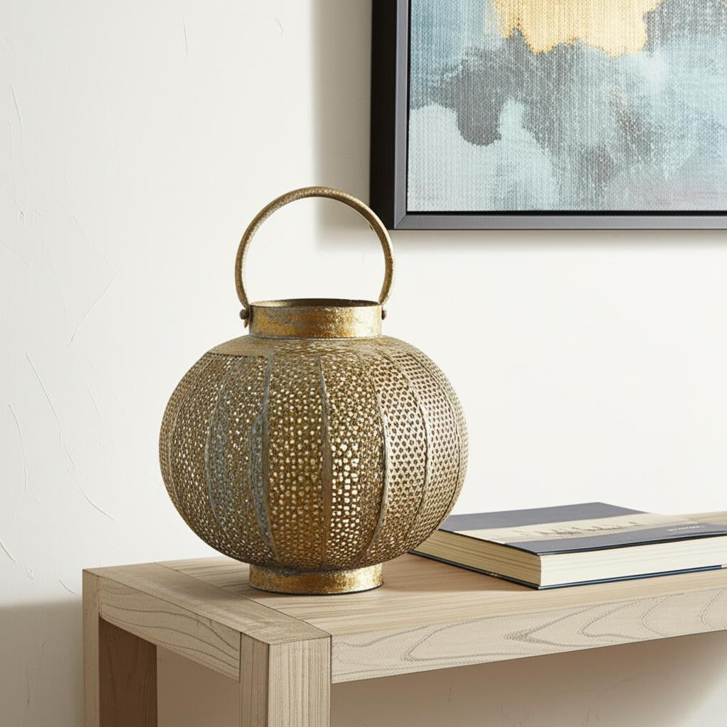 9" Bronze And Green Distressed Lattice Metal Tabletop Lantern Candle Holder-0