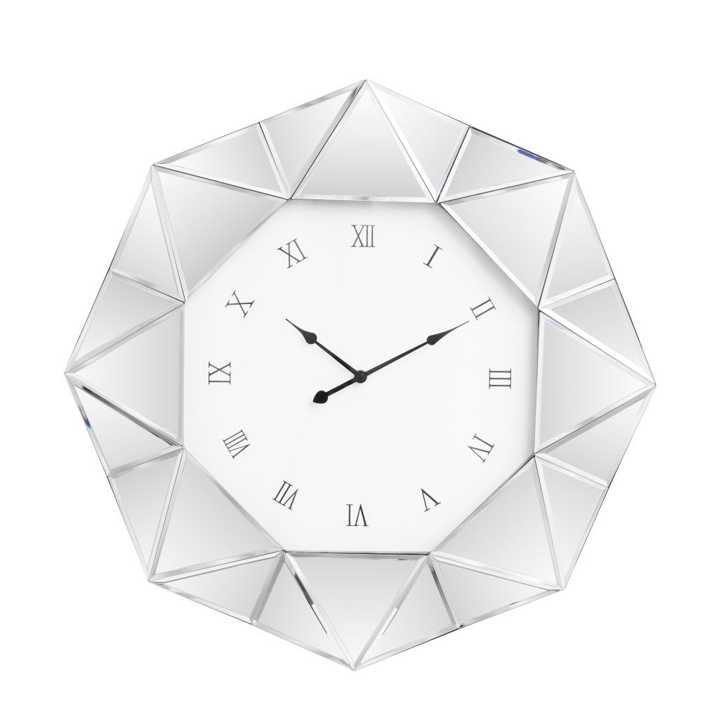 26" Silver Mirrored Glass Silent Analog Geometric Wall Clock-0