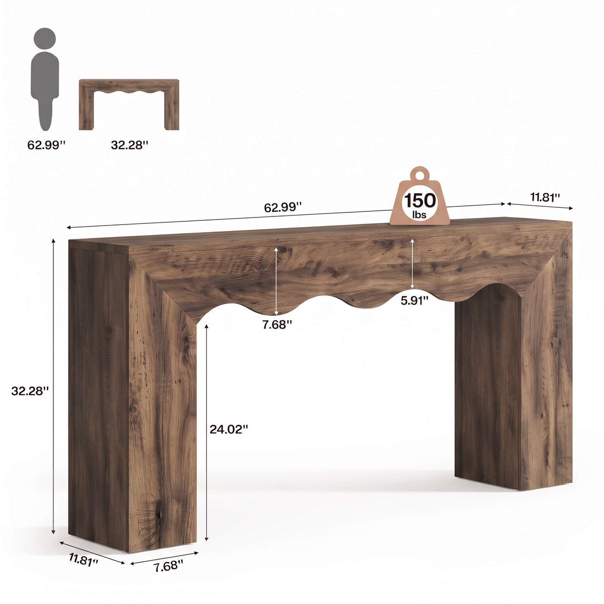 Wooden console table with dimension annotations showing width, height, and depth measurements, plus a small silhouette of the table and a 150 lbs weight icon on a white background.