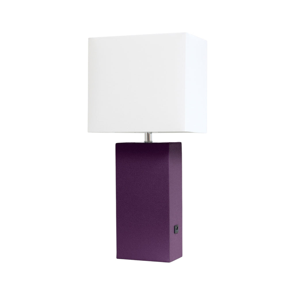 21" Eggplant Faux Leather USB Table Lamp LED With White Shade-2