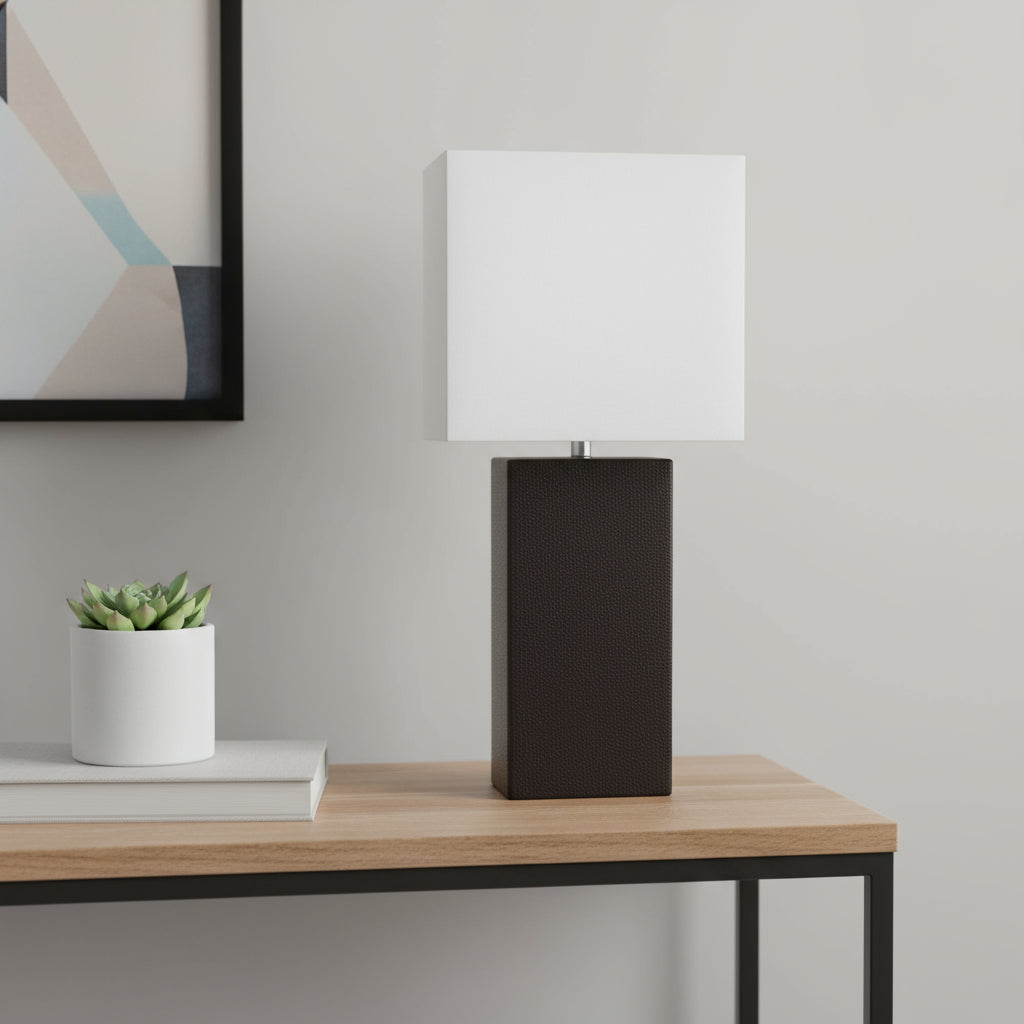 21" Black Faux Leather Table Lamp LED With White Shade-0