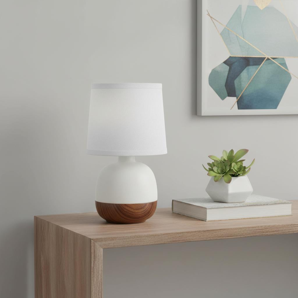 12" Dark Brown Ceramic Round Table Lamp With White Drum Shade-0