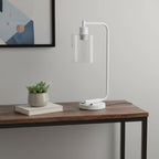 19" White Iron Lantern USB Table Lamp LED With Clear Cylinder Shade-0