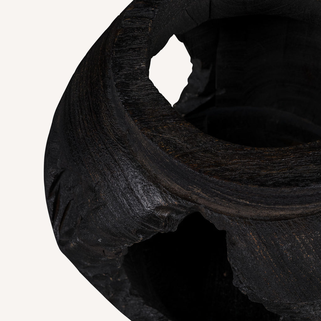 14" Ebony And Black Abstract Solid Wood Table Vase With Sculptural Details-2