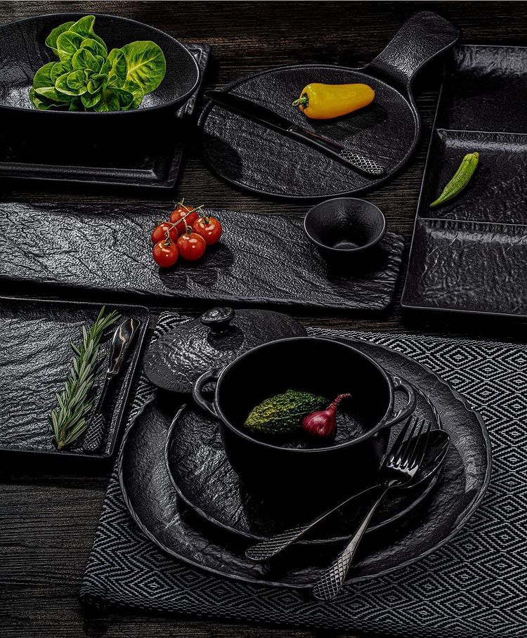 Black Porcelain Slate look Round Serving Dish With Handle 12" inch X 8.5" inch |-2
