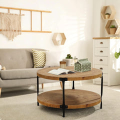 Round Boho Solid Hardwood Coffee Table 29 Inch Natural-1