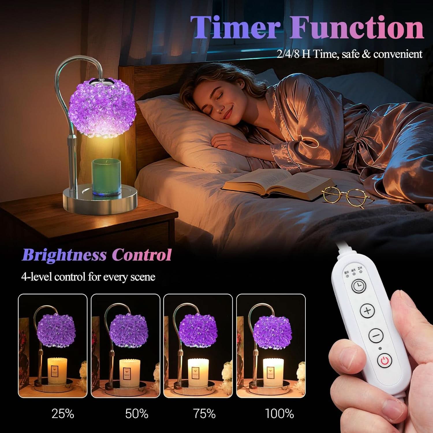 Purple Crystal Quartz Gemstone Candle Warmer Lamp LED