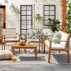 Acacia Wood 4 Piece Patio Conversation Set With Cushions-1