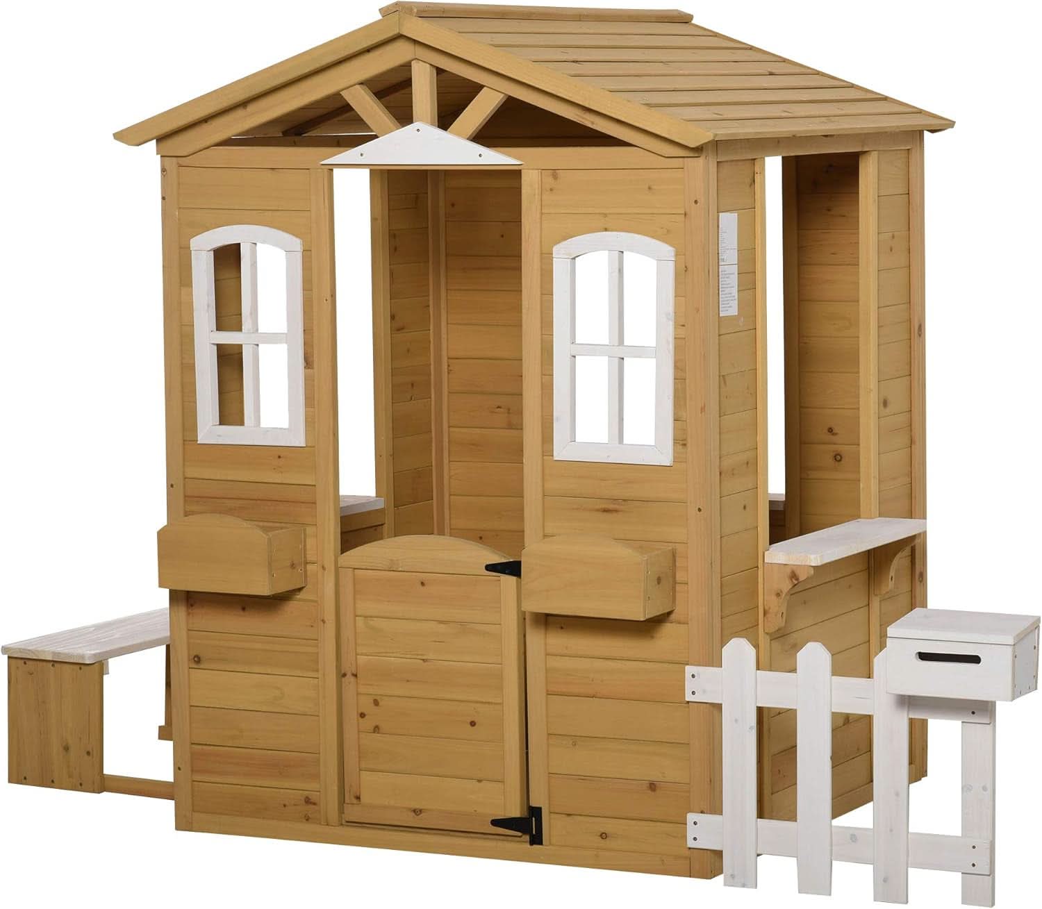 Kids Outdoor Wood Playhouse With Working Door And Windows-1