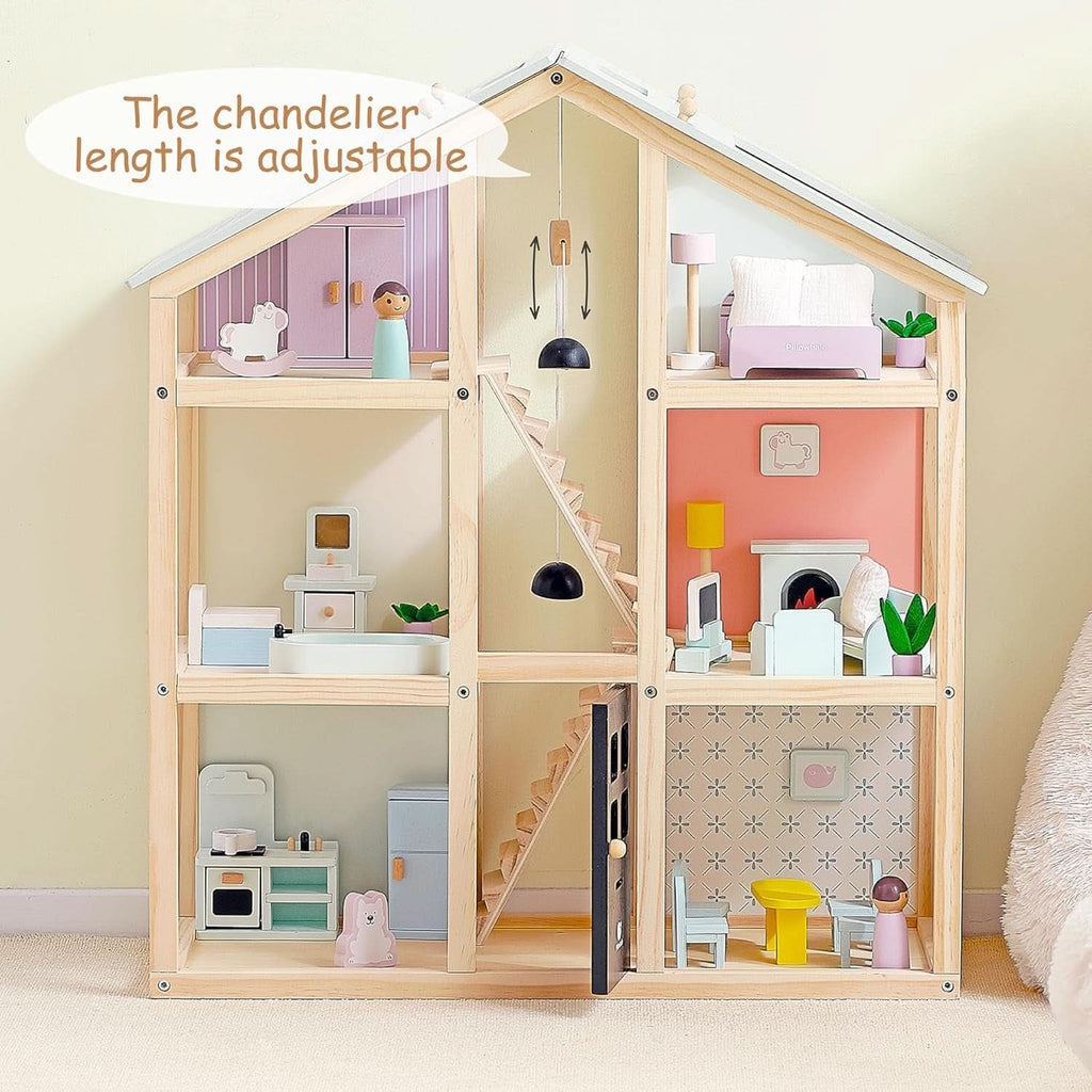 Wooden Dollhouse 3-Story With 38-Piece Furniture Kit-2