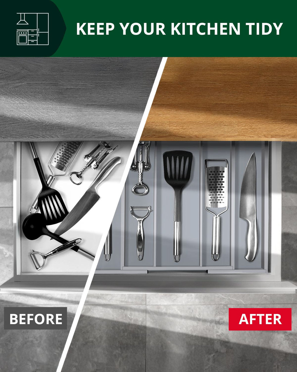 Utensil Drawer Organizer, Gray (5 Slots)-4