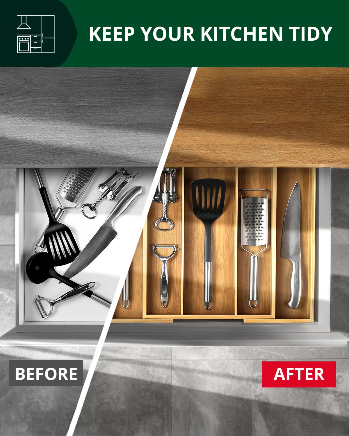 Utensil Drawer Organizer, Natural (5 Slots)-4