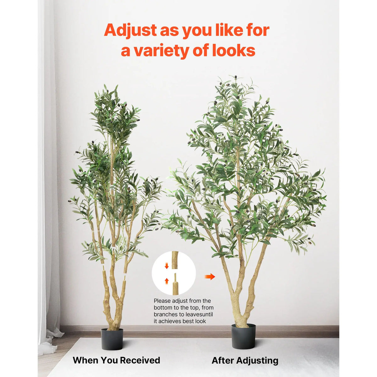 Two artificial trees with text on adjusting them for different appearances.