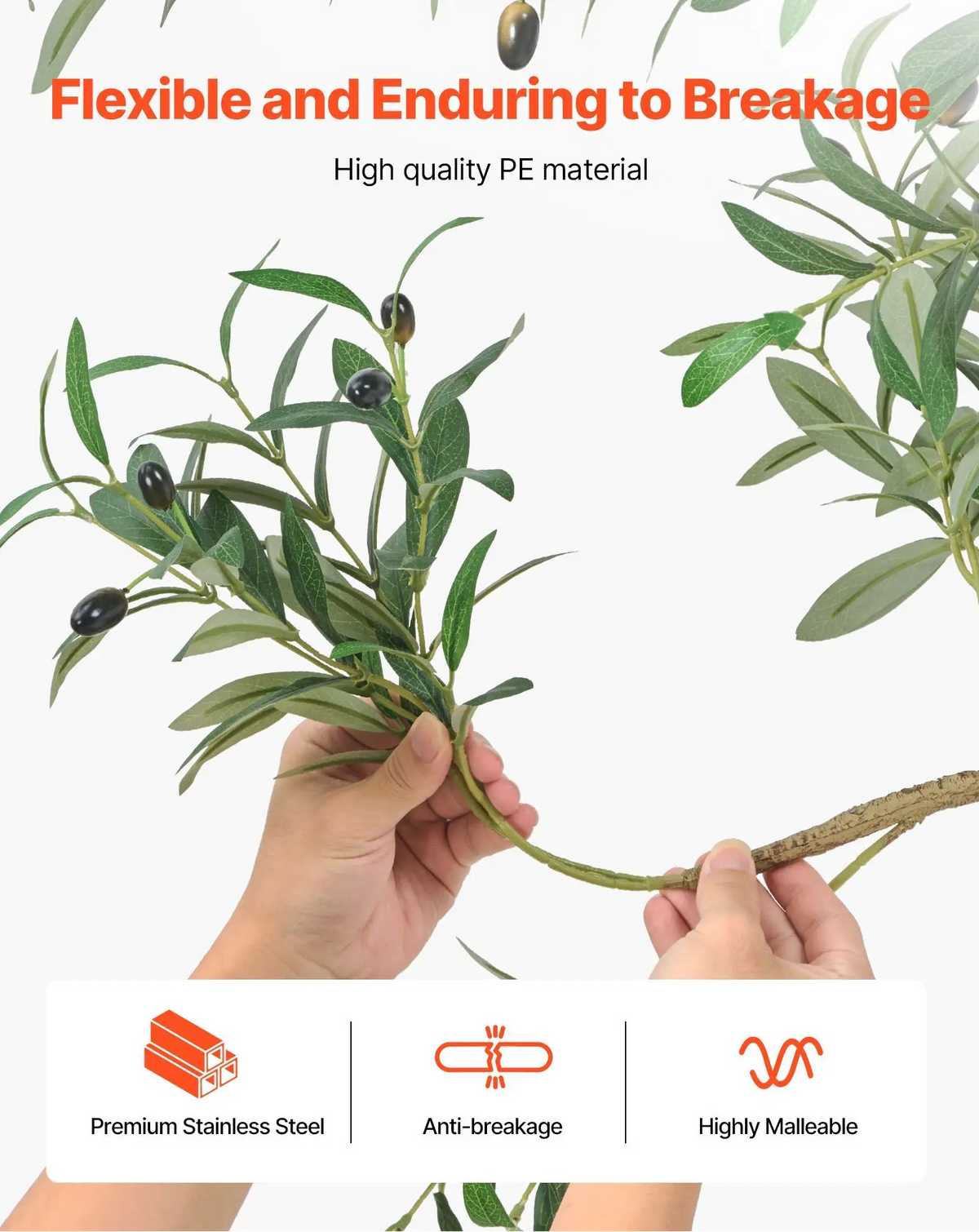 Hand holding a green plant branch with text about material properties on a white background