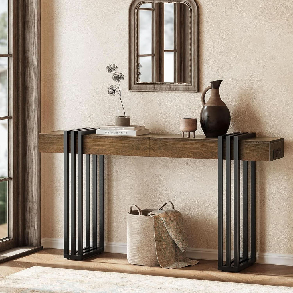 63Inch Walnut Console Table Sleek With Power Outlet-3