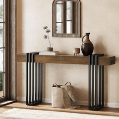 63Inch Walnut Console Table Sleek With Power Outlet-3