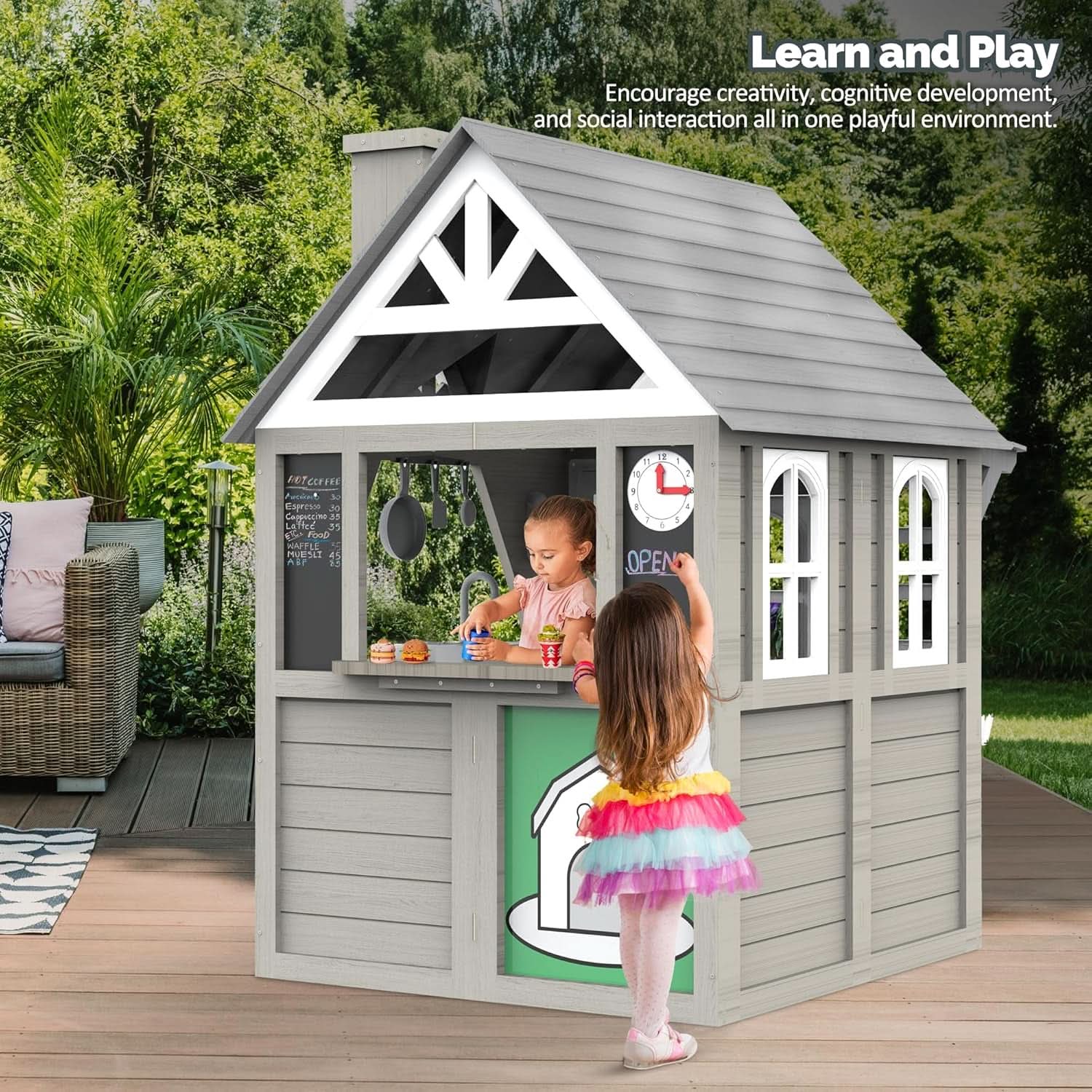 Gray Weatherproof Outdoor Wooden Playhouse With Sink-2
