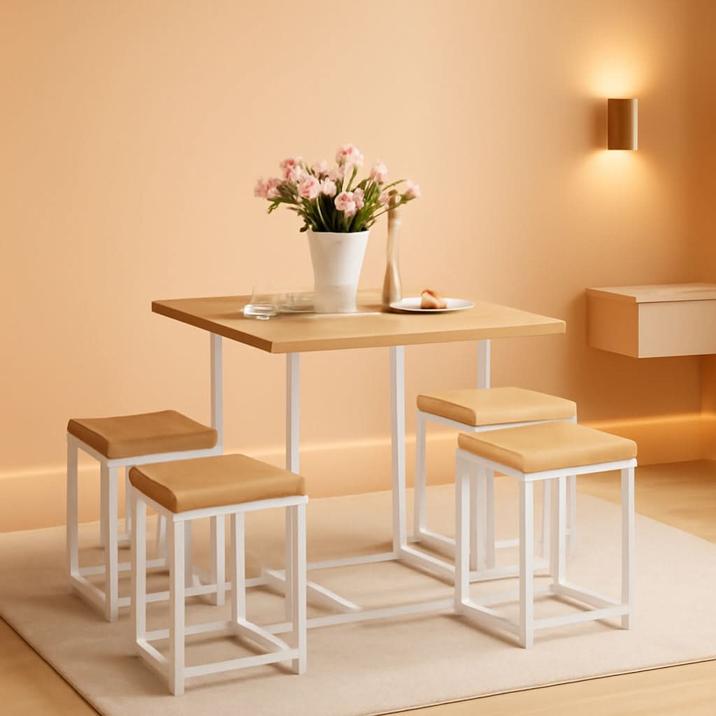 Compact Dining Table And Chairs Set Beige White Five Piece-1