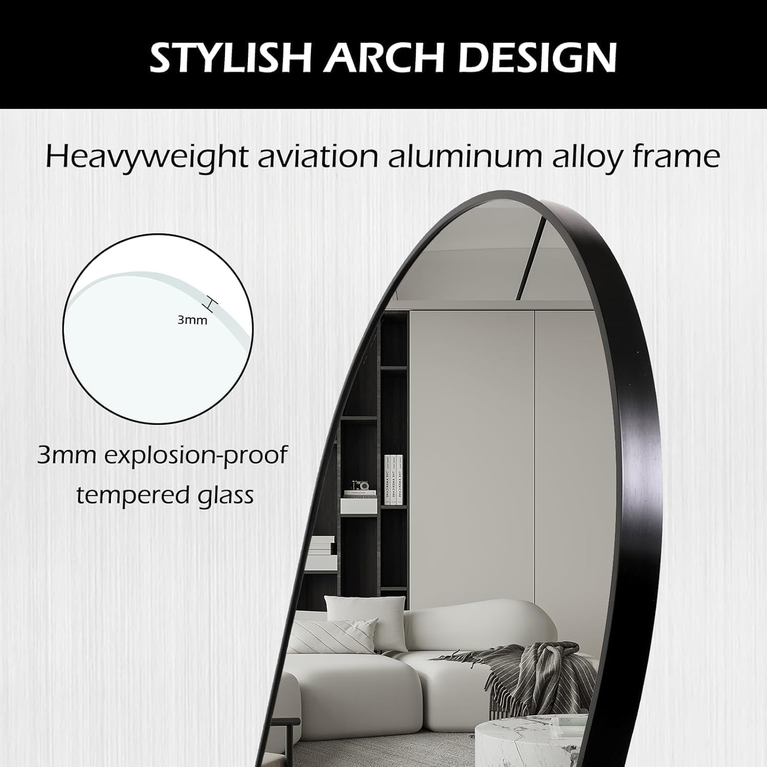 Architectural Arched Full Length Mirror 64x21 Inches Black-3